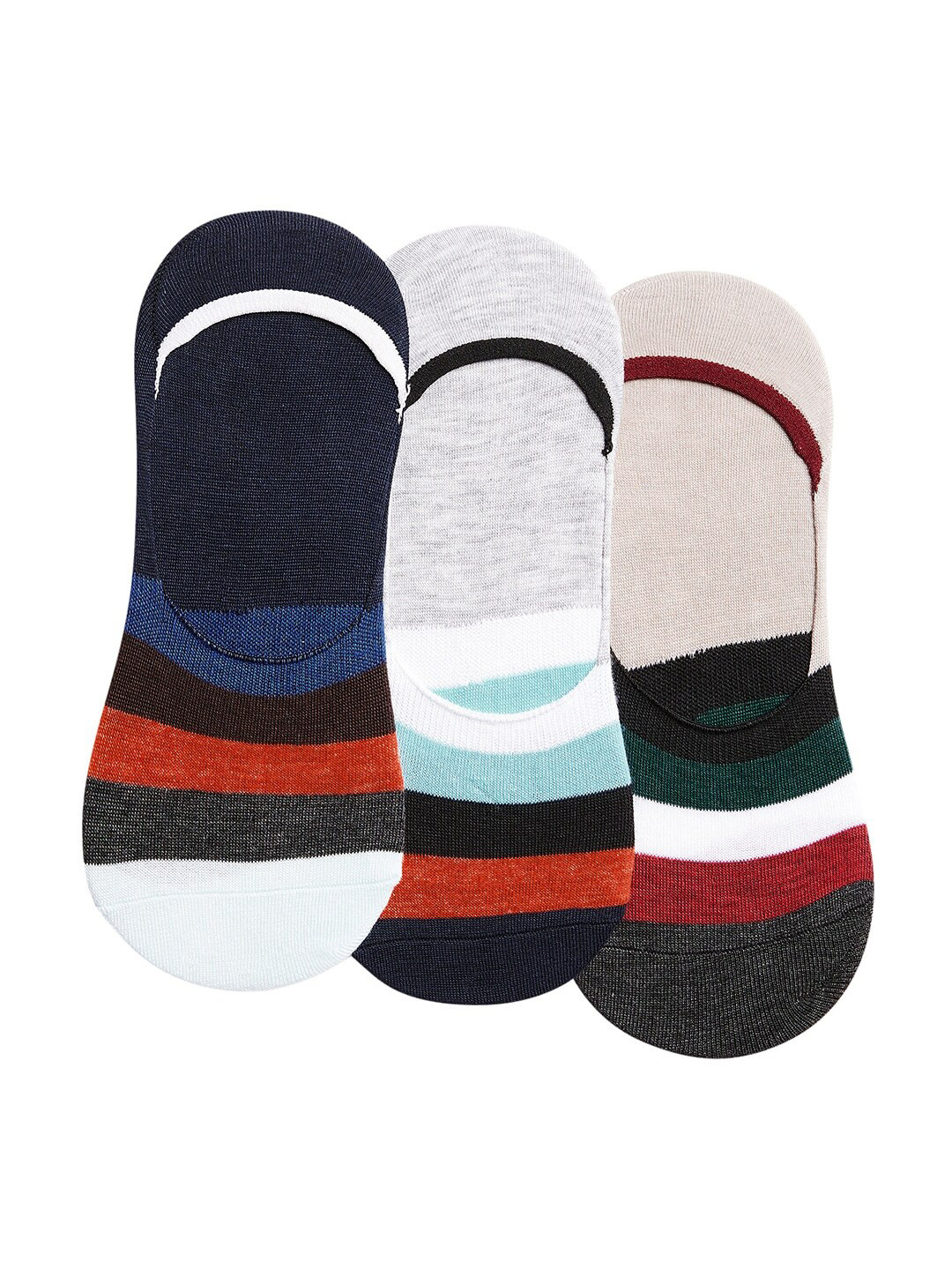 SECRETS BY ZEROKAATA Unisex Pack Of 3 Assorted Striped Cotton Shoe Liners Socks