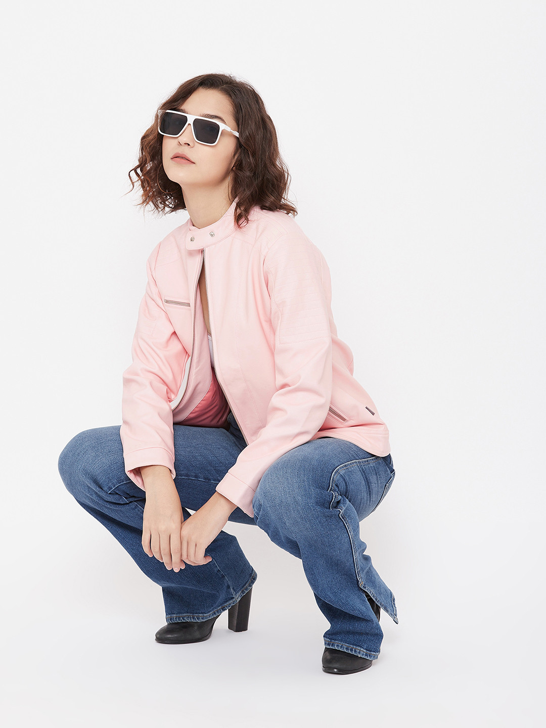 Crimsoune Club Women Pink Striped Biker Jacket