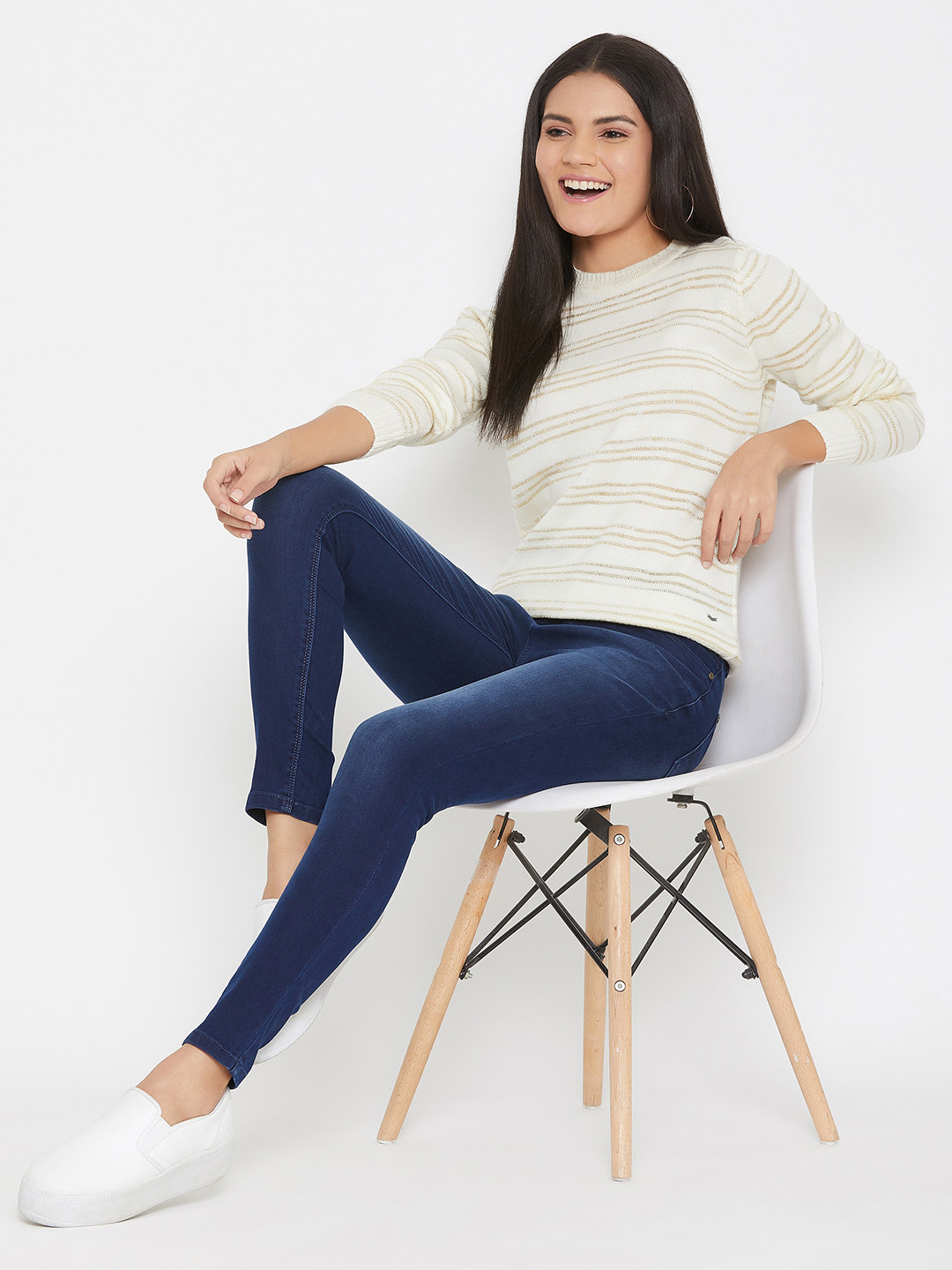 Crimsoune Club Women Off White & Brown Striped Pullover