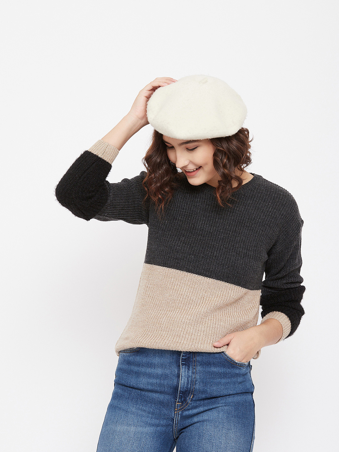 Crimsoune Club Women Grey & Beige Colourblocked Pullover