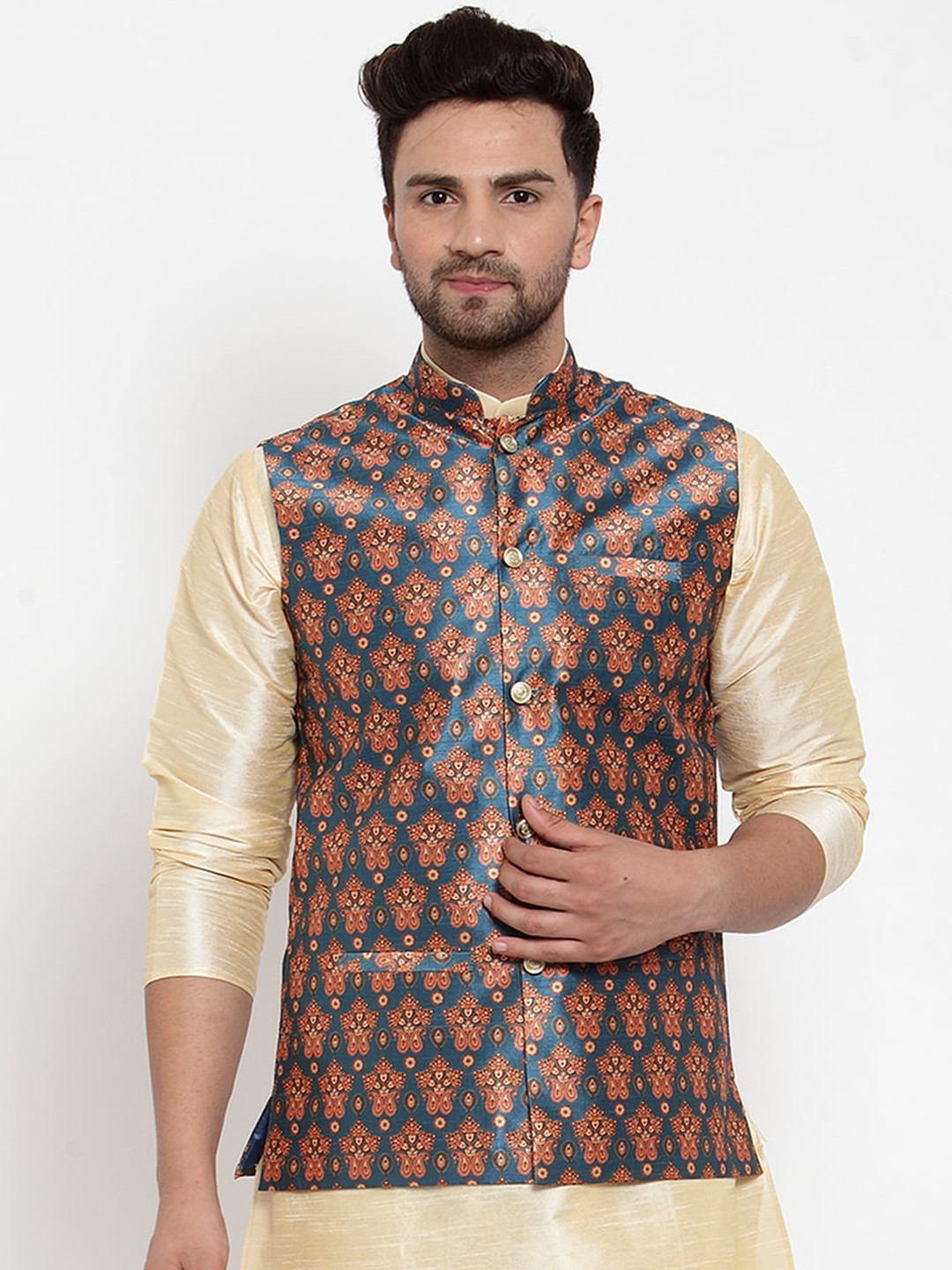 KRAFT INDIA Men Teal Silk Printed Nehru Jacket
