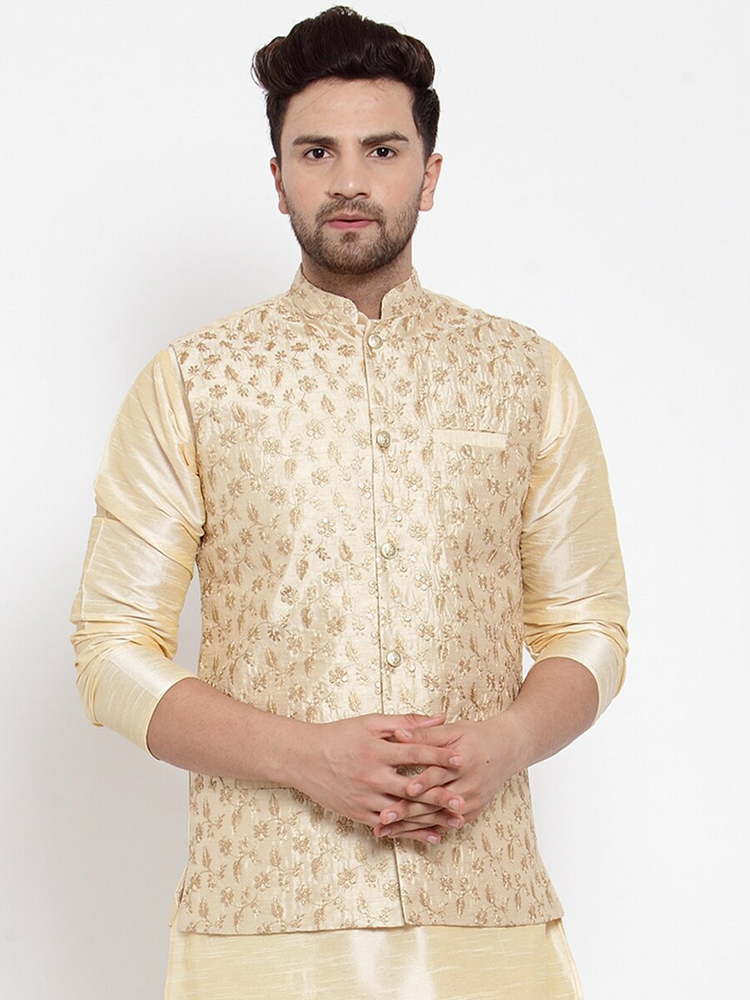 KRAFT INDIA Men Beige & Gold Silk Embroidered Nehru Jacket