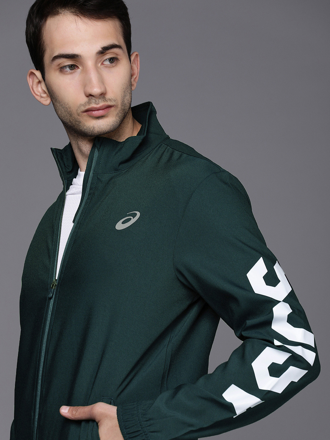 ASICS Men Navy Blue Solid Lightweight Sporty Running Jacket with Print Detail