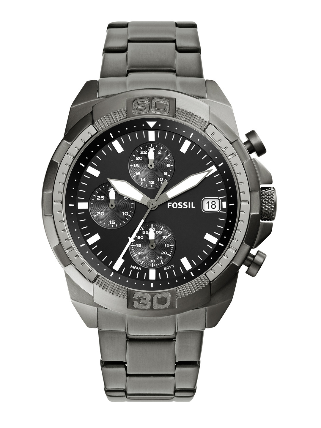 Fossil Men Black Dial & Grey Stainless Steel Bracelet Style Straps Analogue Watch FS5852