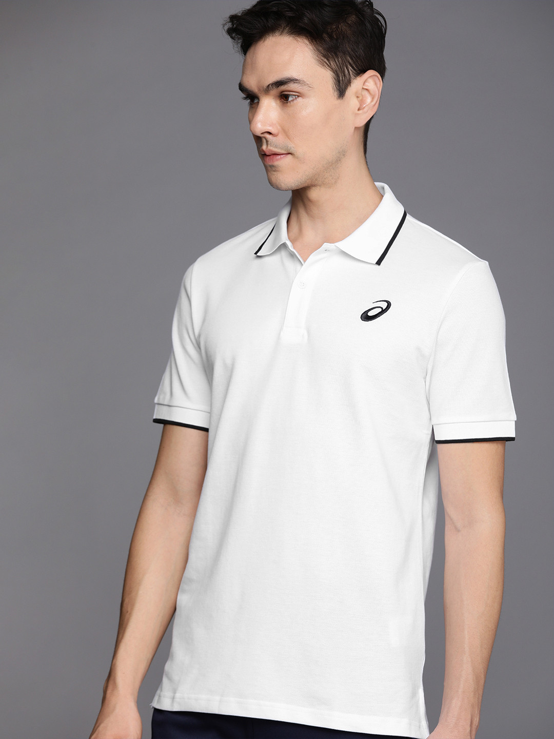 ASICS Men White Brand Logo Printed Polo Collar Training T-shirt