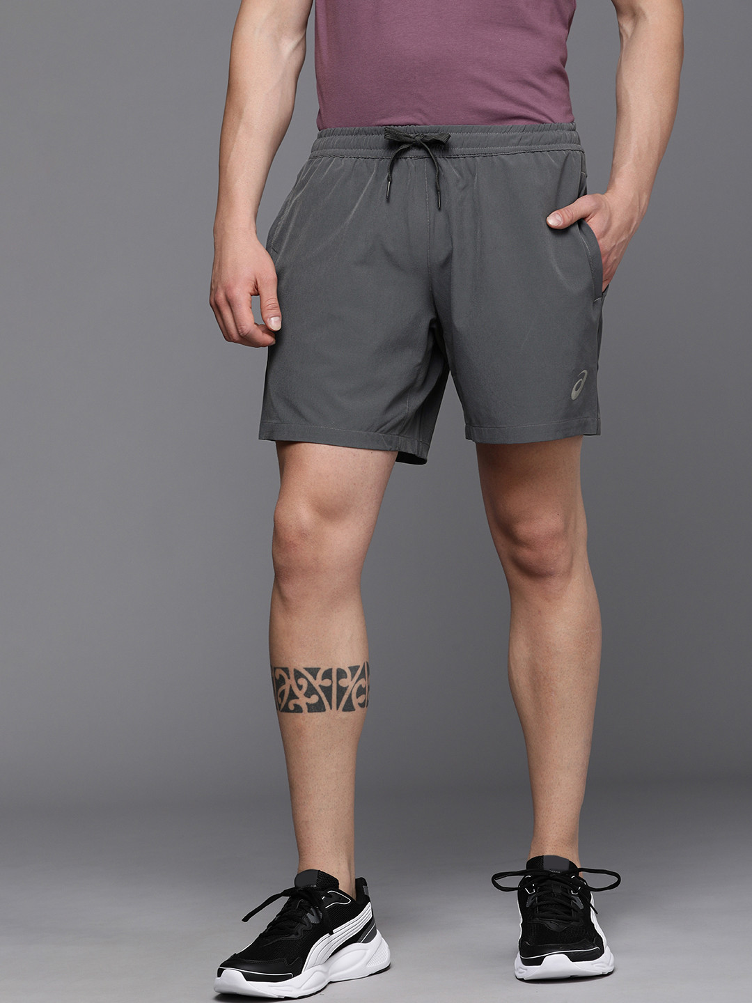 ASICS Men Grey Brand Logo Printed 7IN Running Sports Shorts