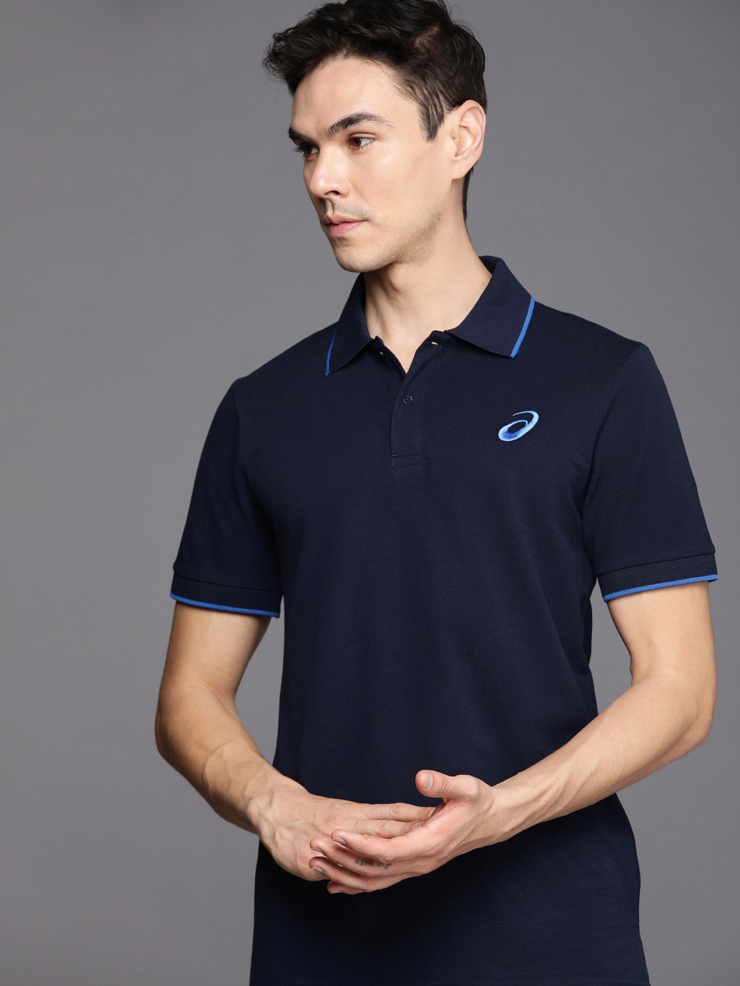 ASICS Men Navy Blue Polo Collar Training T-shirt With Logo Print