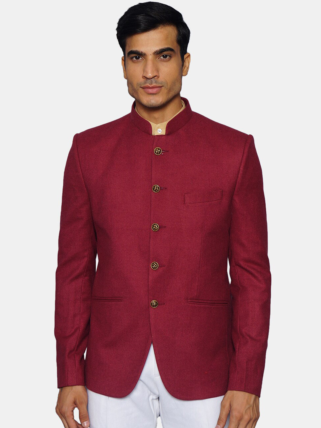 Wintage Men Red Solid Bandhgala Blazer