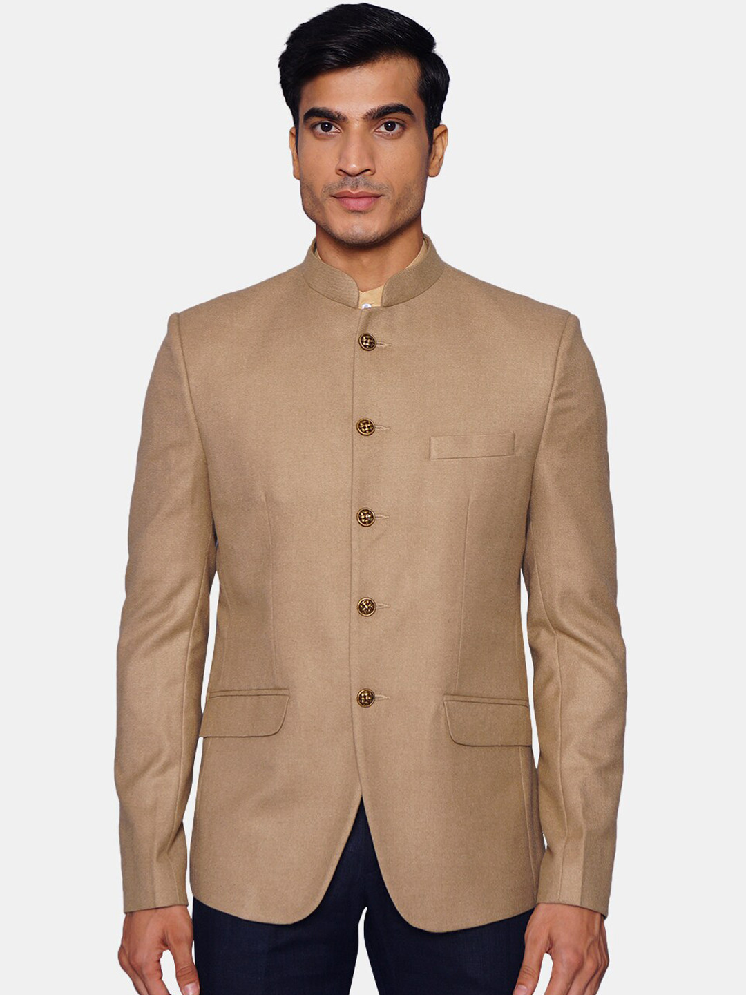 Wintage Men Beige Solid Woolen Bandhgala Blazer
