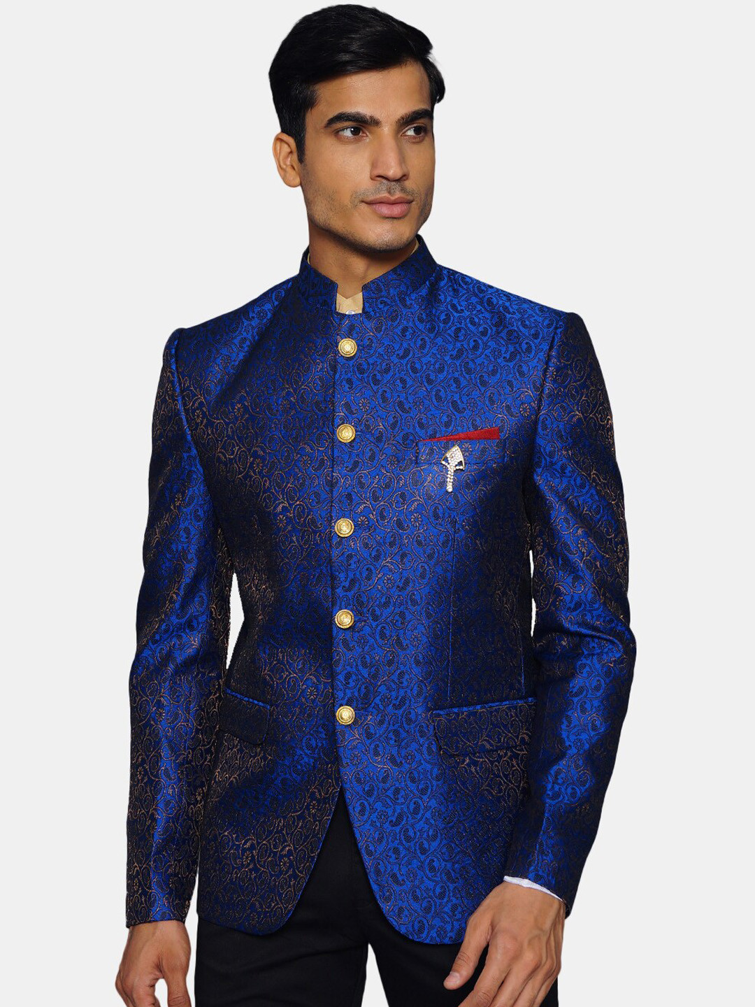 Wintage Men Blue & Gold-Coloured Printed Bandhgala Blazer