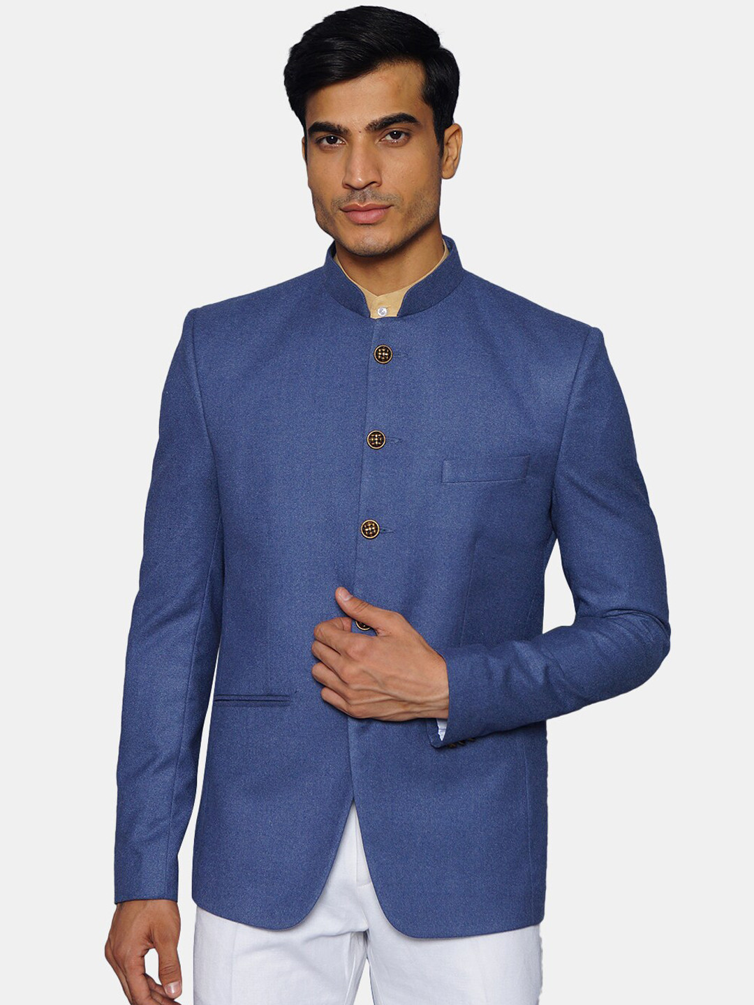 Wintage Men Blue Mandarin Collar Blazer