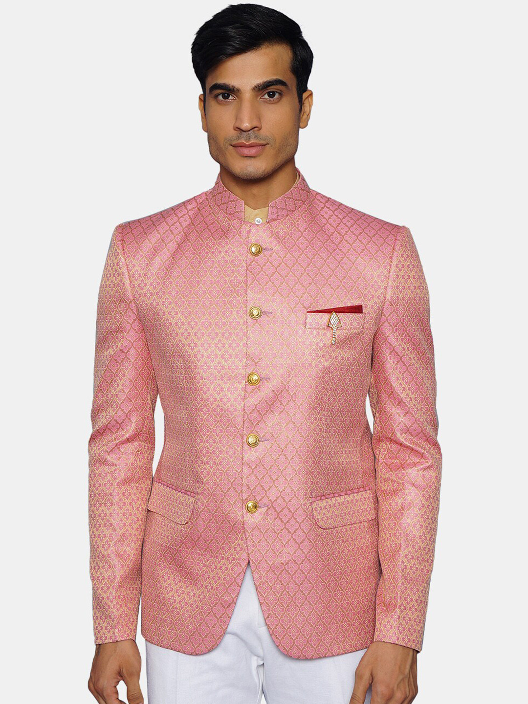 Wintage Men Pink Printed Banarasi Bandhgala Blazer