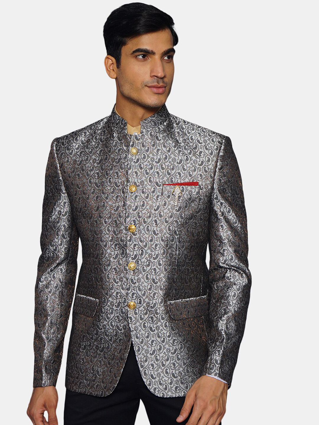 Wintage Men Grey & Black Printed Banarasi Bandhgala Blazer
