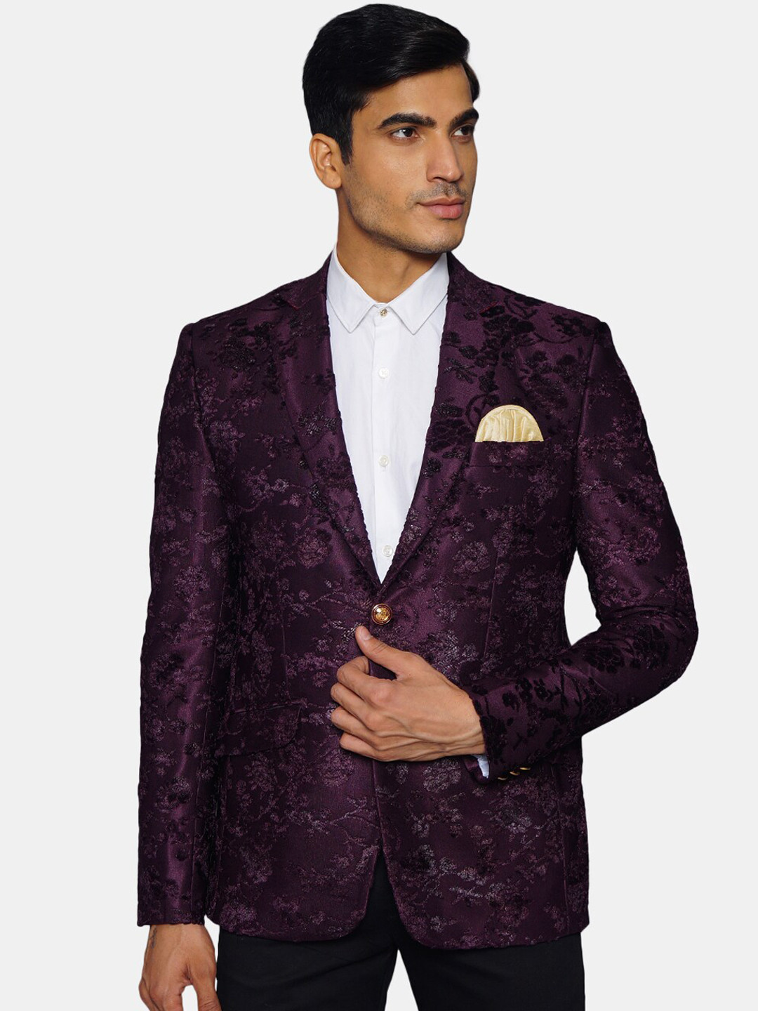 Wintage Men Purple Self Design Bandhgala Ethnic Blazer