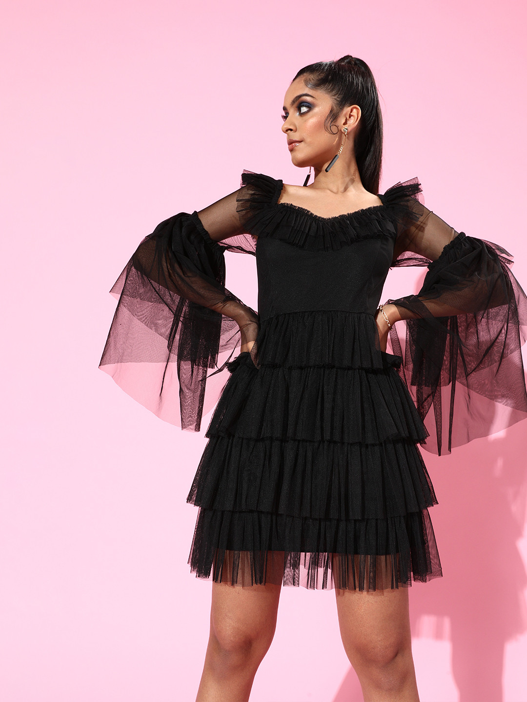 KASSUALLY Women Stylish Black Solid Tulle Dress