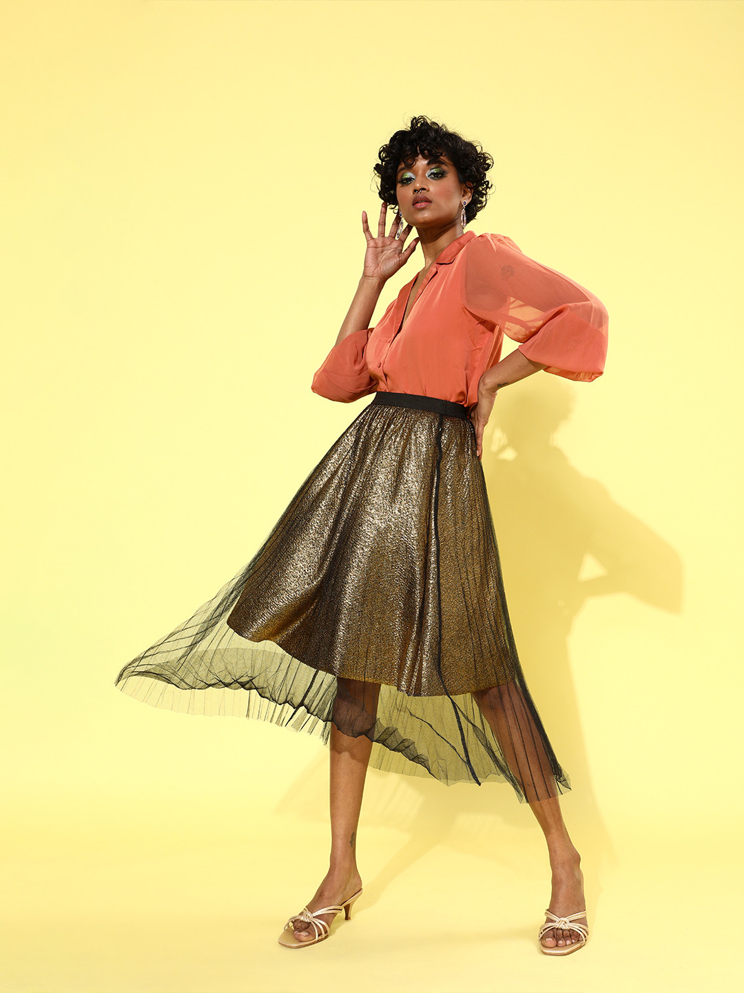 KASSUALLY Women Stunning Gold Solid Tulle Skirt