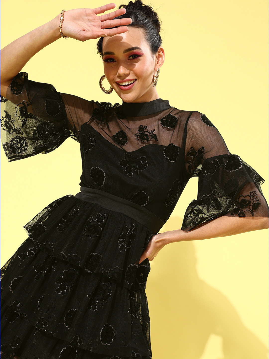 KASSUALLY Women Stylish Black Floral Tulle Dress