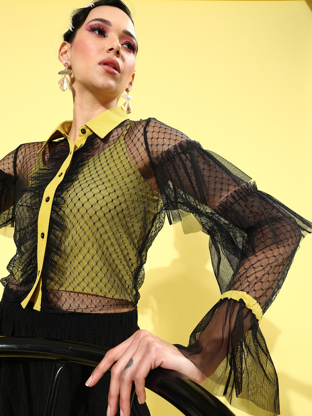 KASSUALLY Women Stylish Black Geometric Tulle Shirt