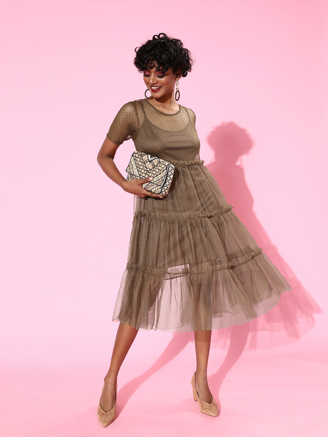 KASSUALLY Women Chic Brown Solid Tulle Dress
