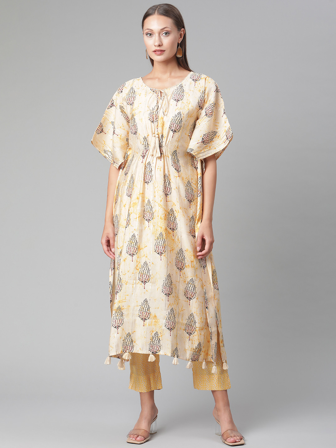 Divena Women Yellow Printed Regular Sequinned Kurta with Trousers