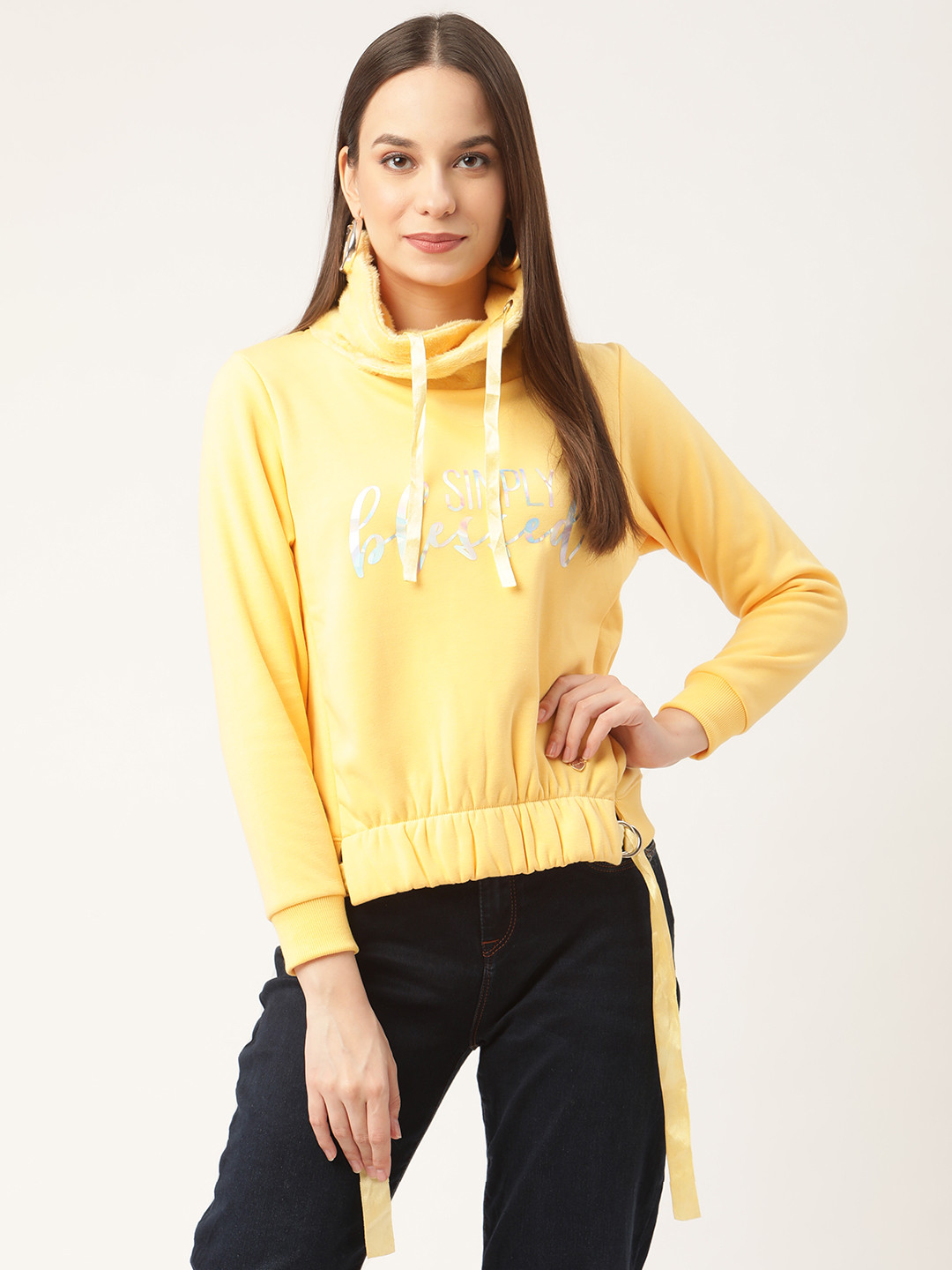 Duke Women Yellow& Silver Printed Sweatshirt