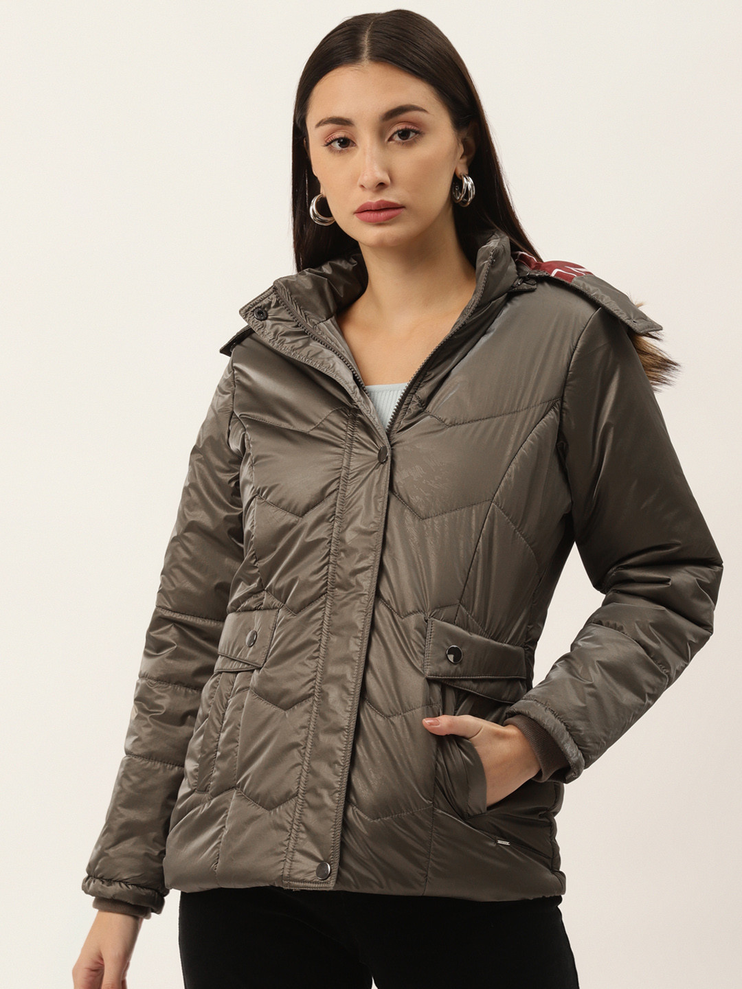 Duke Women Olive Brown Solid Parka Jacket with Detachable Hood