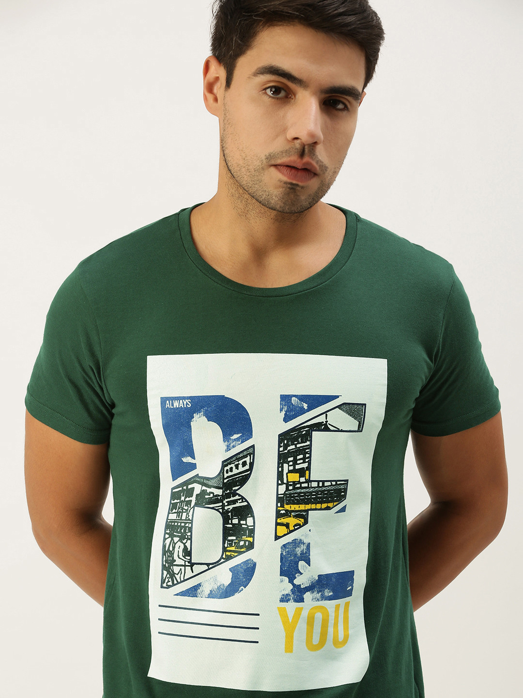 Peter England Men Green  White Typography Printed Pure Cotton T-shirt