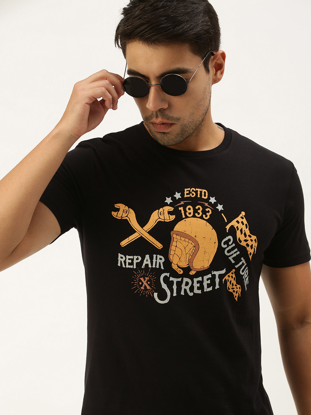 Peter England Men Black Typography Printed Slim Fit Pure Cotton T-shirt