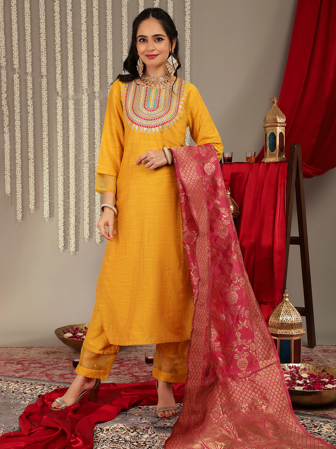 Varanga Mustard Yellow Ethnic Motifs Embroidered Kurta with Palazzos & With Dupatta