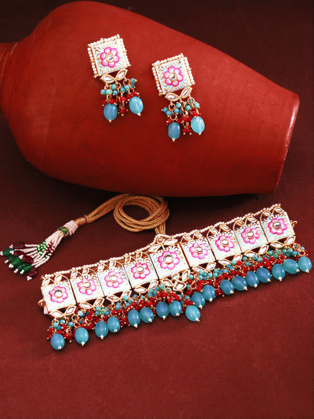 Yellow Chimes Women Kundan Embellished Meenakari Handcrafted Jewellery Set