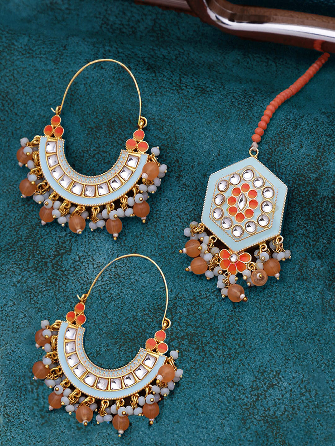 Yellow Chimes Blue Gold Plated Traditional Stone Beads Meenakari Chandbalis & Maangtikka