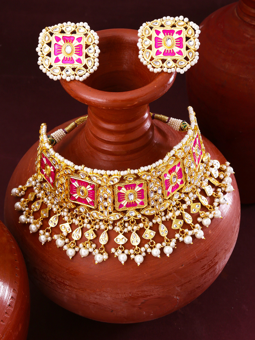 Yellow Chimes Gold-Plated White & Pink Kundan-Studded & Beaded Handcrafted Meenakari Jewellery Set