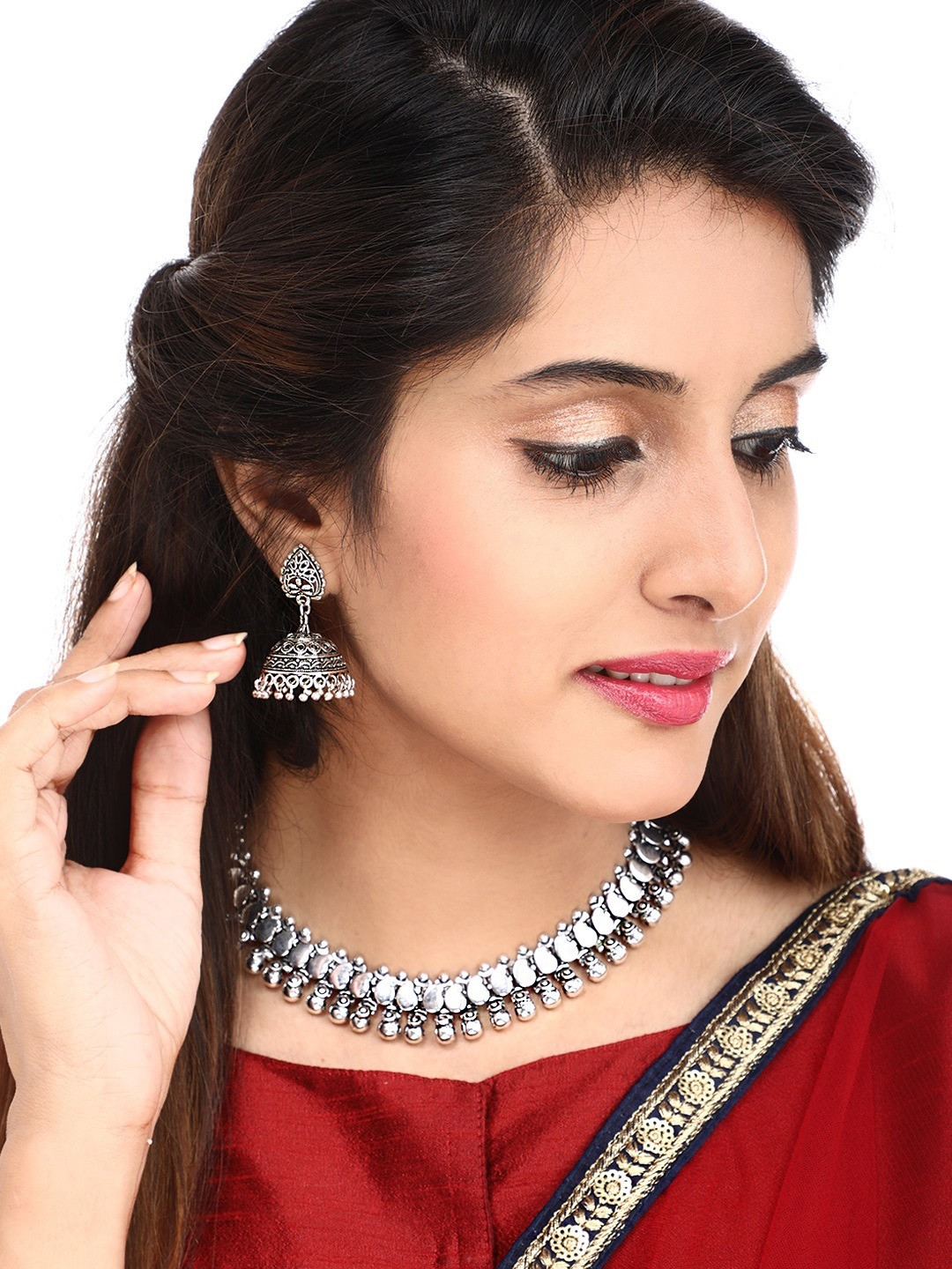 Yellow Chimes Women Silver-Plated Handcrafted Classic Kohlapuri Style Choker Necklace Set