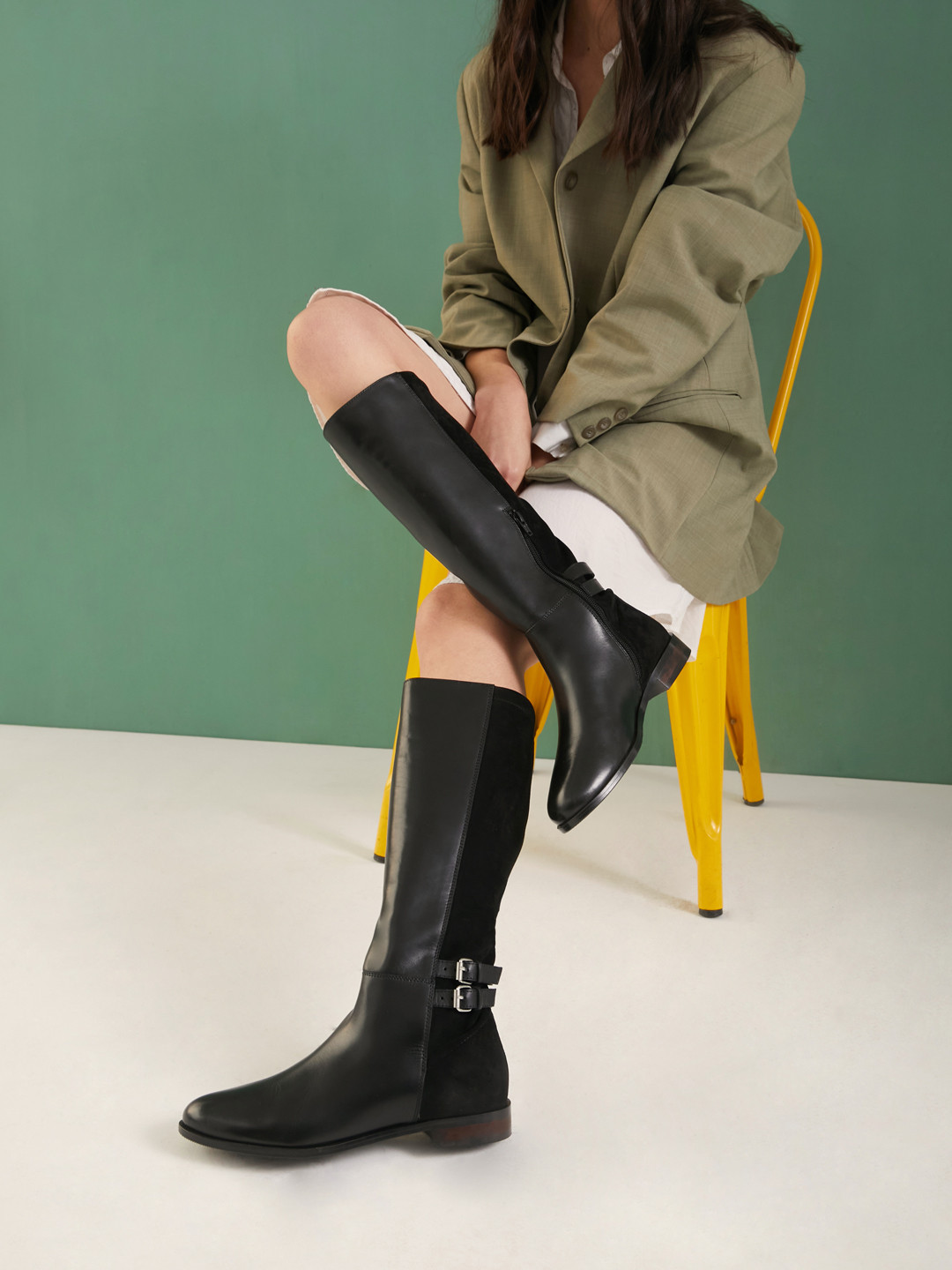Saint G Black Leather Block Heeled Knee High Boots
