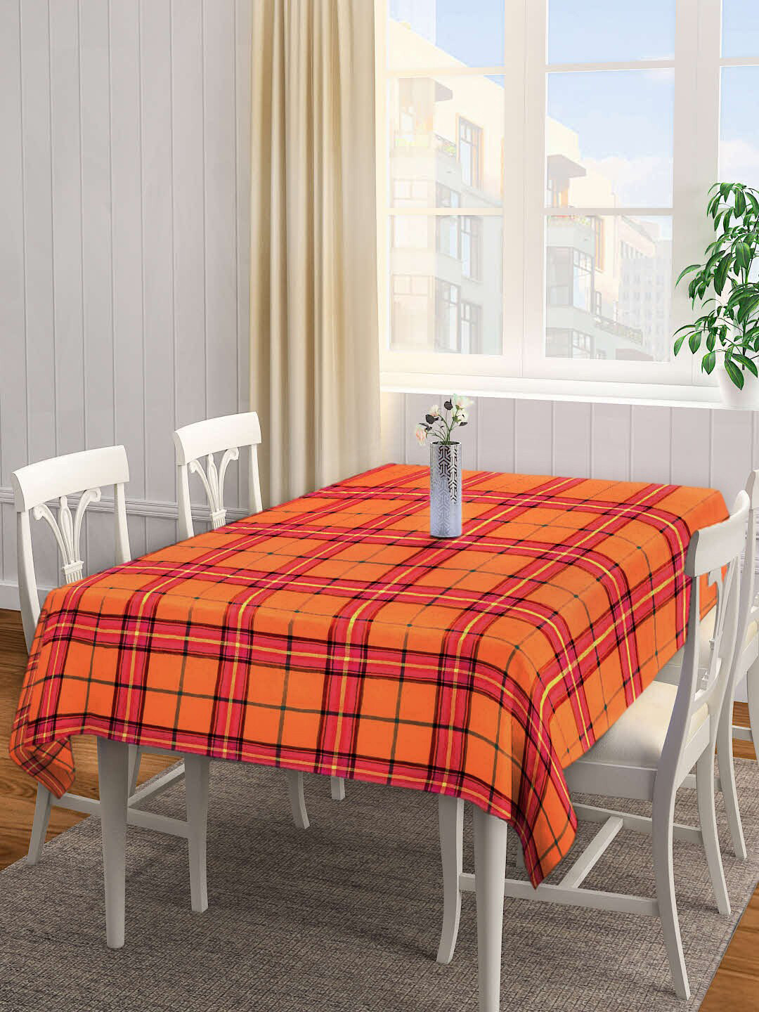 Arrabi Orange & Red Checked Handwoven Cotton 6-Seater Table Cover