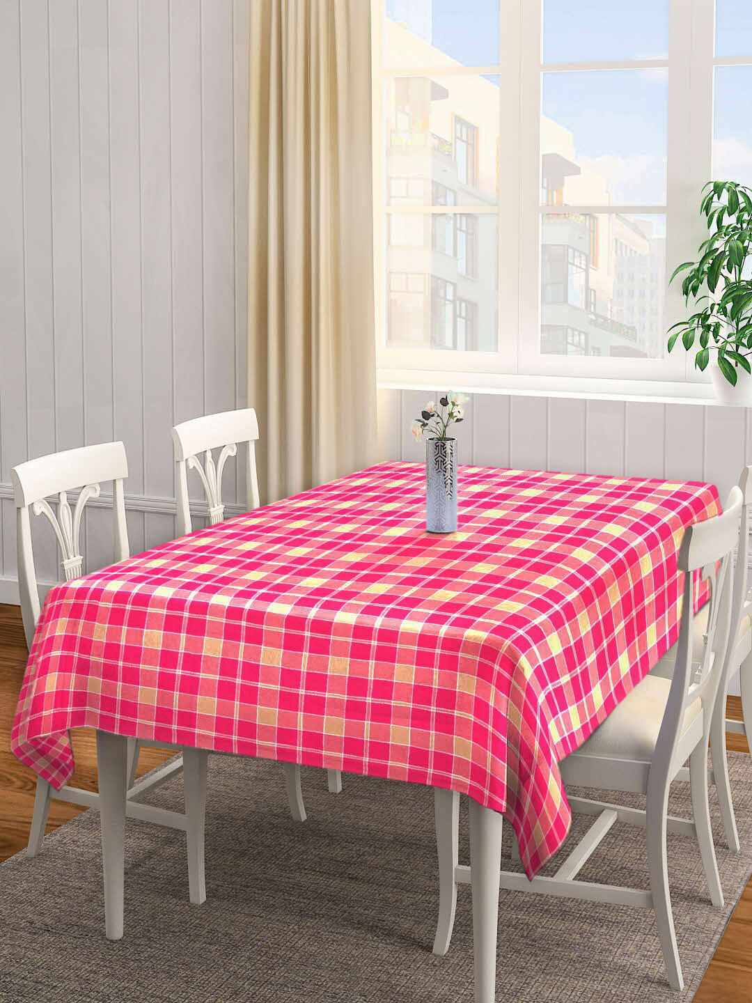 Arrabi Pink & Beige Checked Handwoven Cotton 6-Seater Table Cover