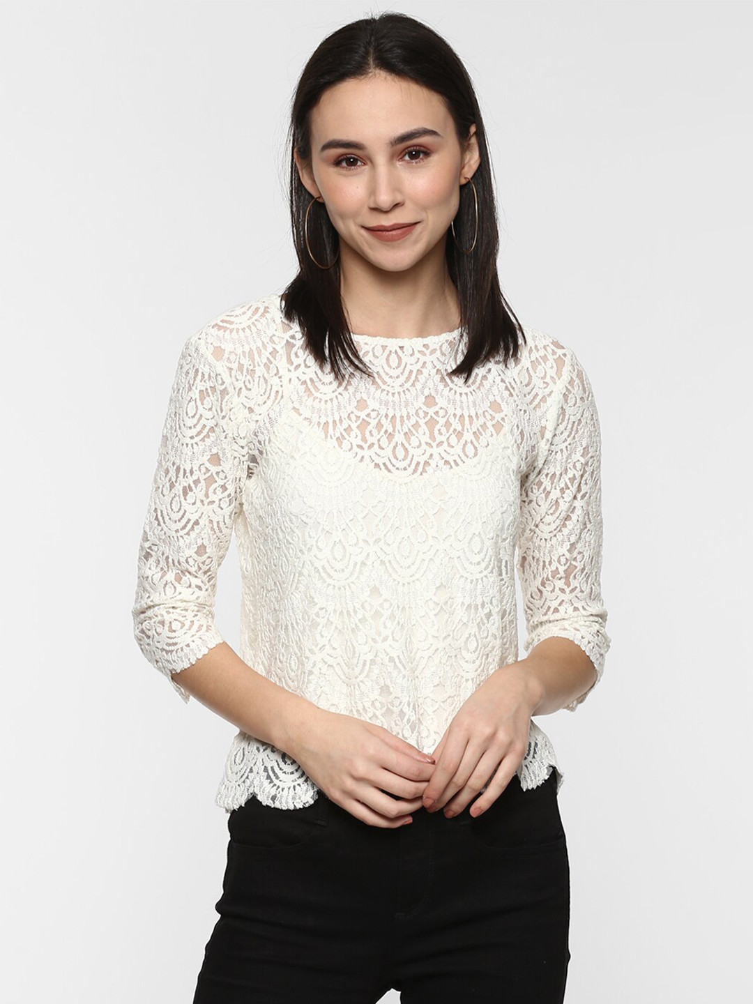 Porsorte White Crochet Net Lace Sheer Top