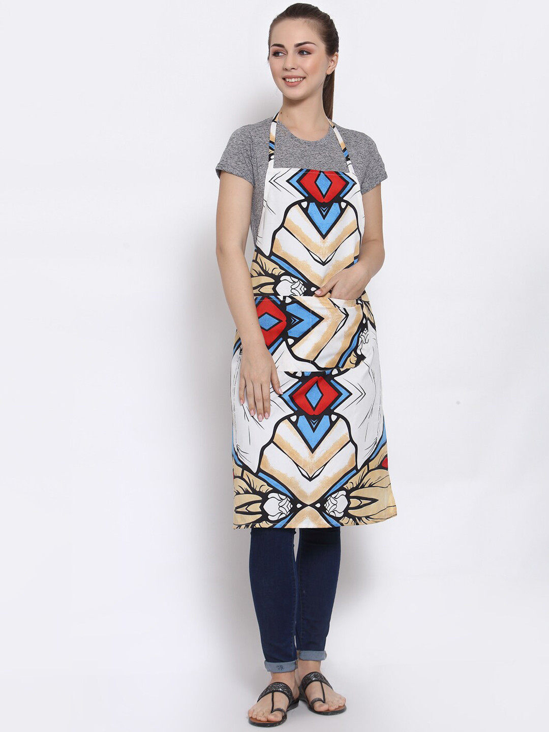 Arrabi White & Blue Abstract Printed Apron