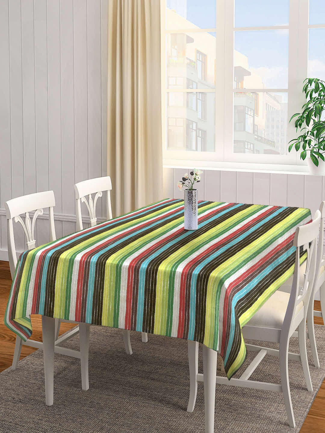 Arrabi Multi-Coloured Striped Handwoven Cotton 6-Seater Table Cover