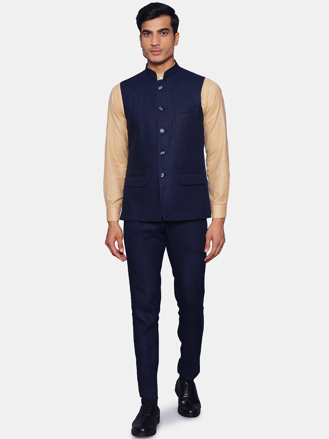 Wintage Men Navy Blue Solid Linen Bandhgala Formal Suit