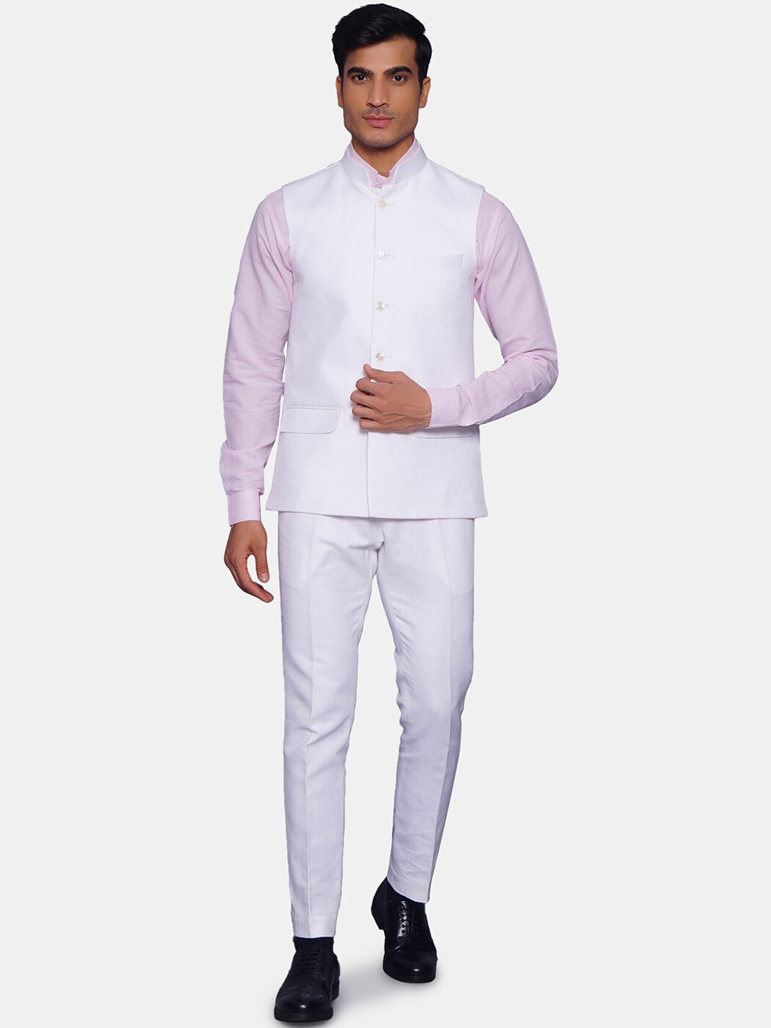 Wintage Men White Solid Bandhgala Two-Piece Formal Suit