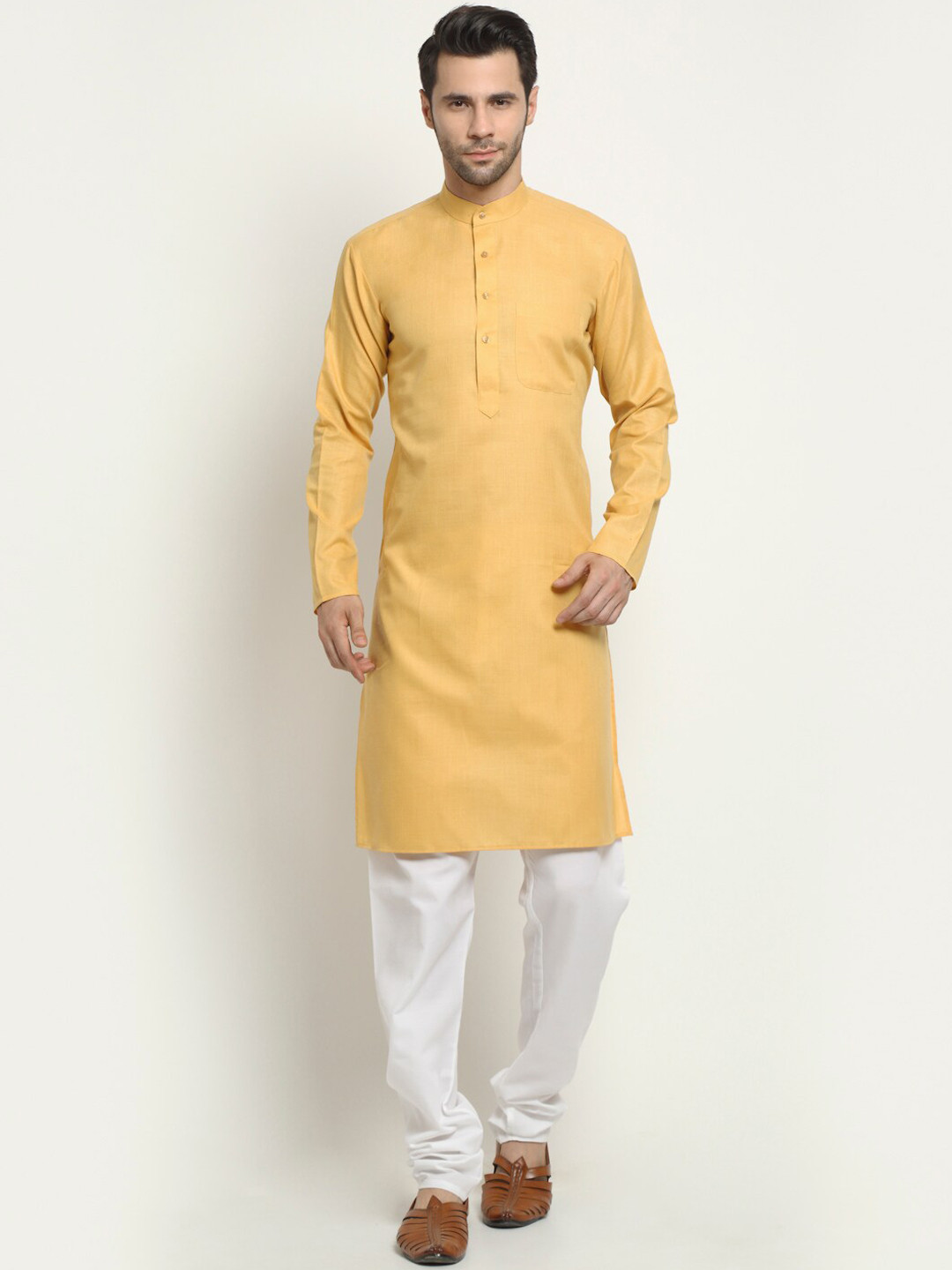 NEUDIS Men Yellow Solid Cotton Long Kurta