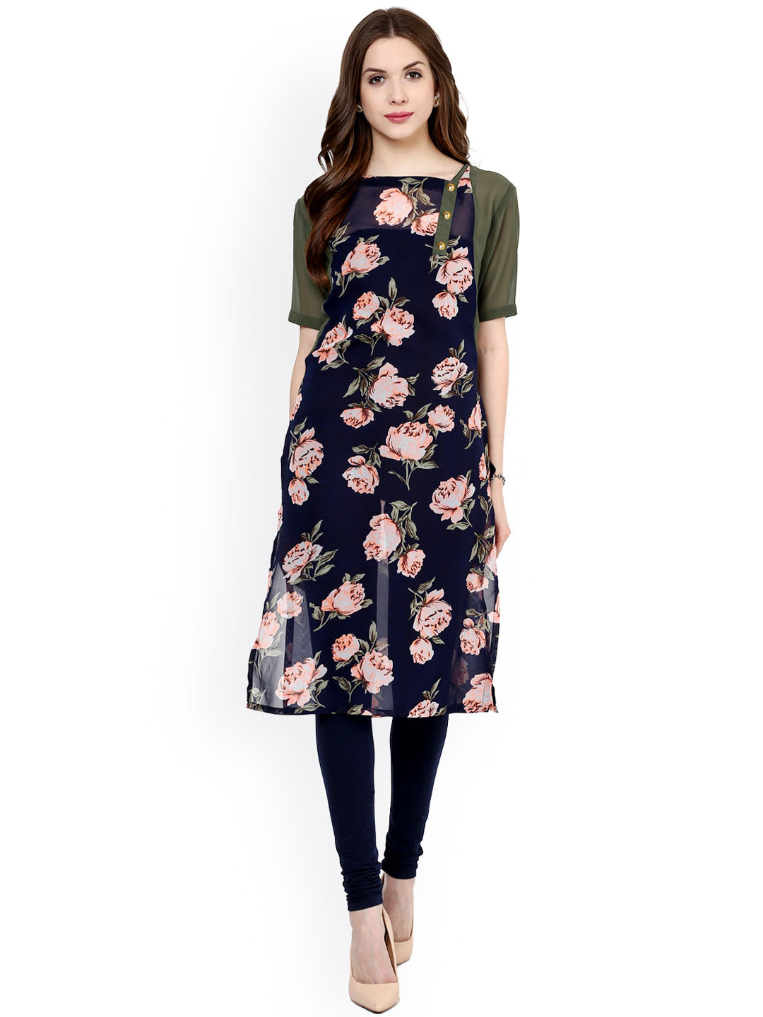 Pannkh Navy Blue & Green Floral Print Kurta