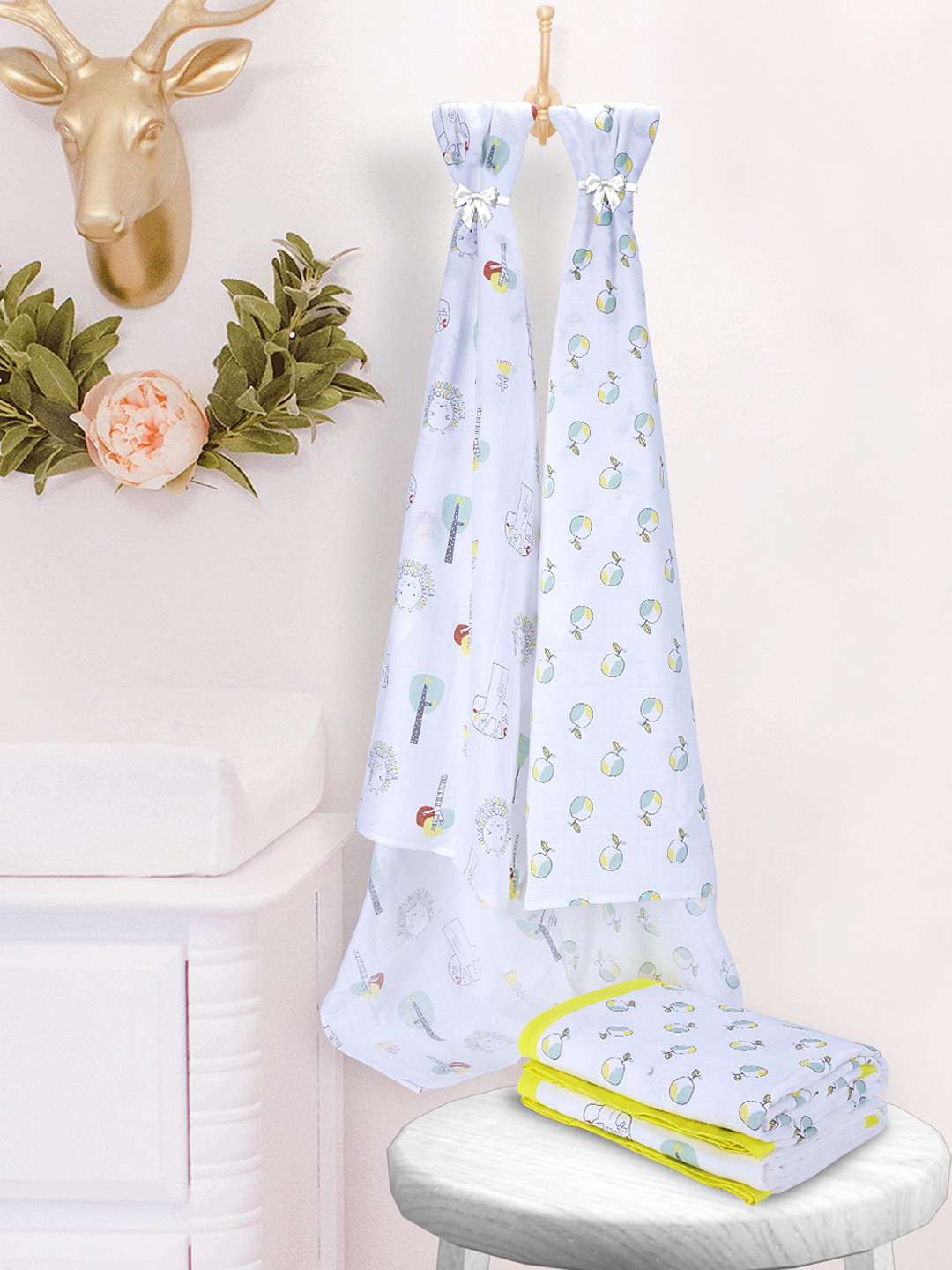 My Milestones Kids White & Yellow 3-Layered Pure Cotton Muslin Blanket