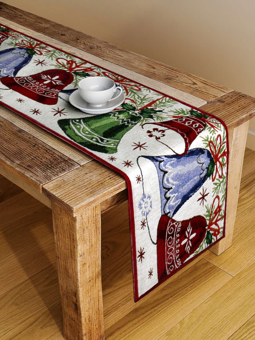 Arrabi Grey & Maroon Printed 4-Seater Table Runner