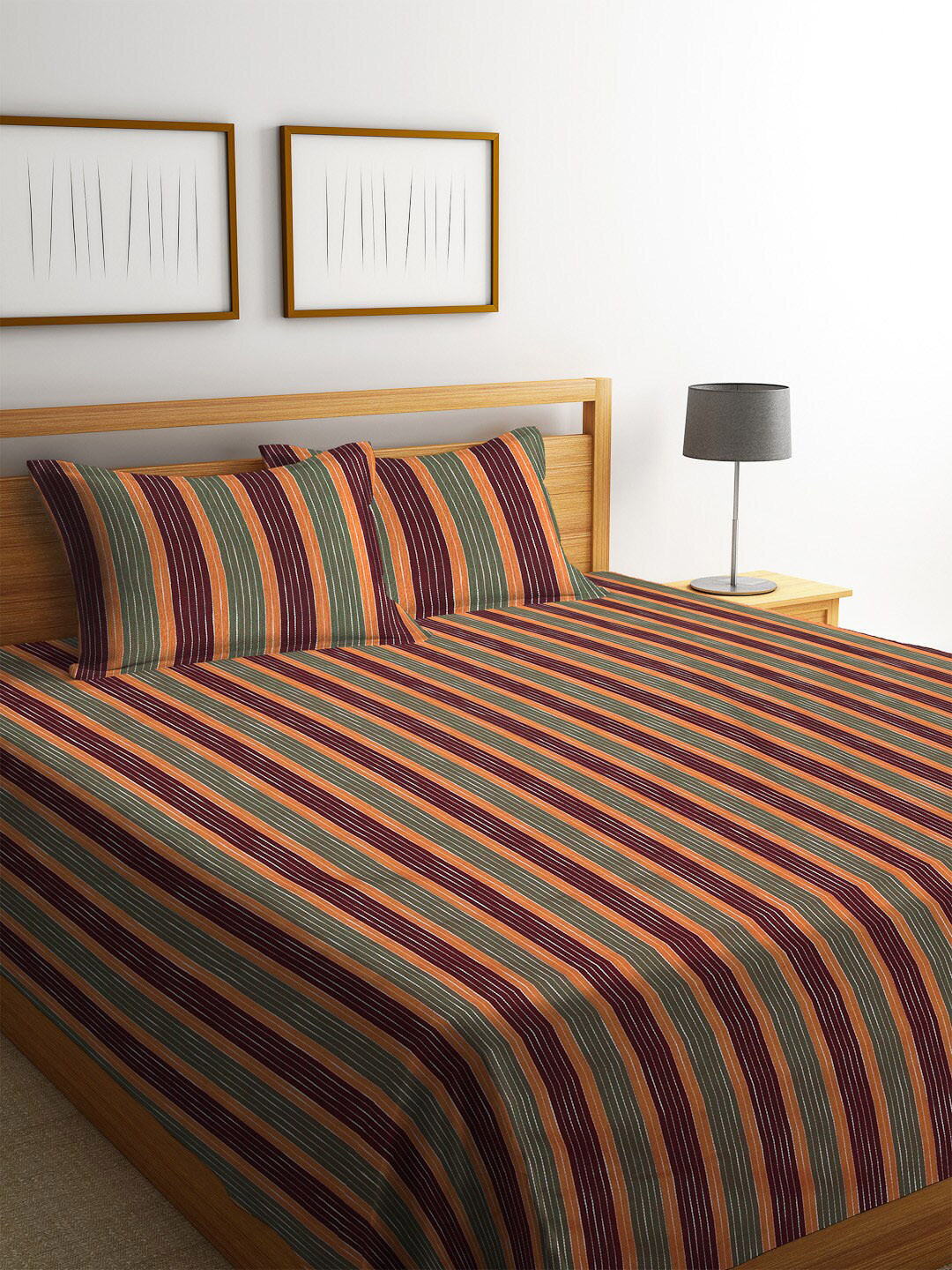 Arrabi Maroon & Green Striped Cotton Handwoven Double King Bed Cover & Pillow Covers