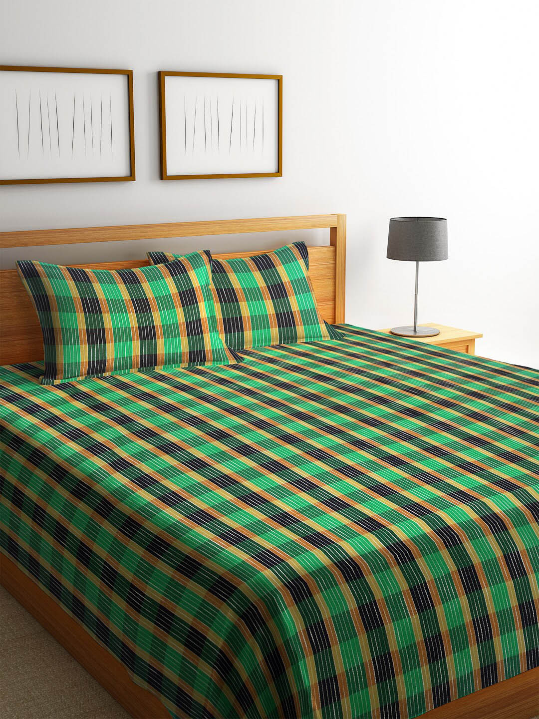 Arrabi Green & Yellow Coloured Checked Handwoven Cotton Double King Size Bedcover With 2 Pillow Cover