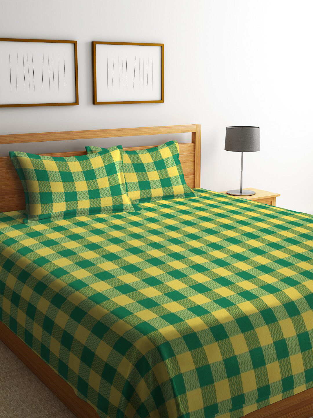 Arrabi Green & Yellow Checked Double Bed Cover With 2 Pillow Covers