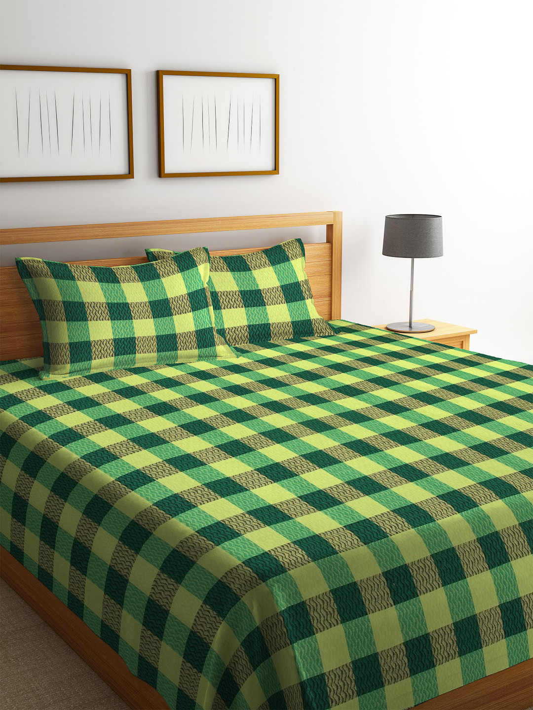 Arrabi Green & Yellow Checked Double Bed Cover With 2 Pillow Covers