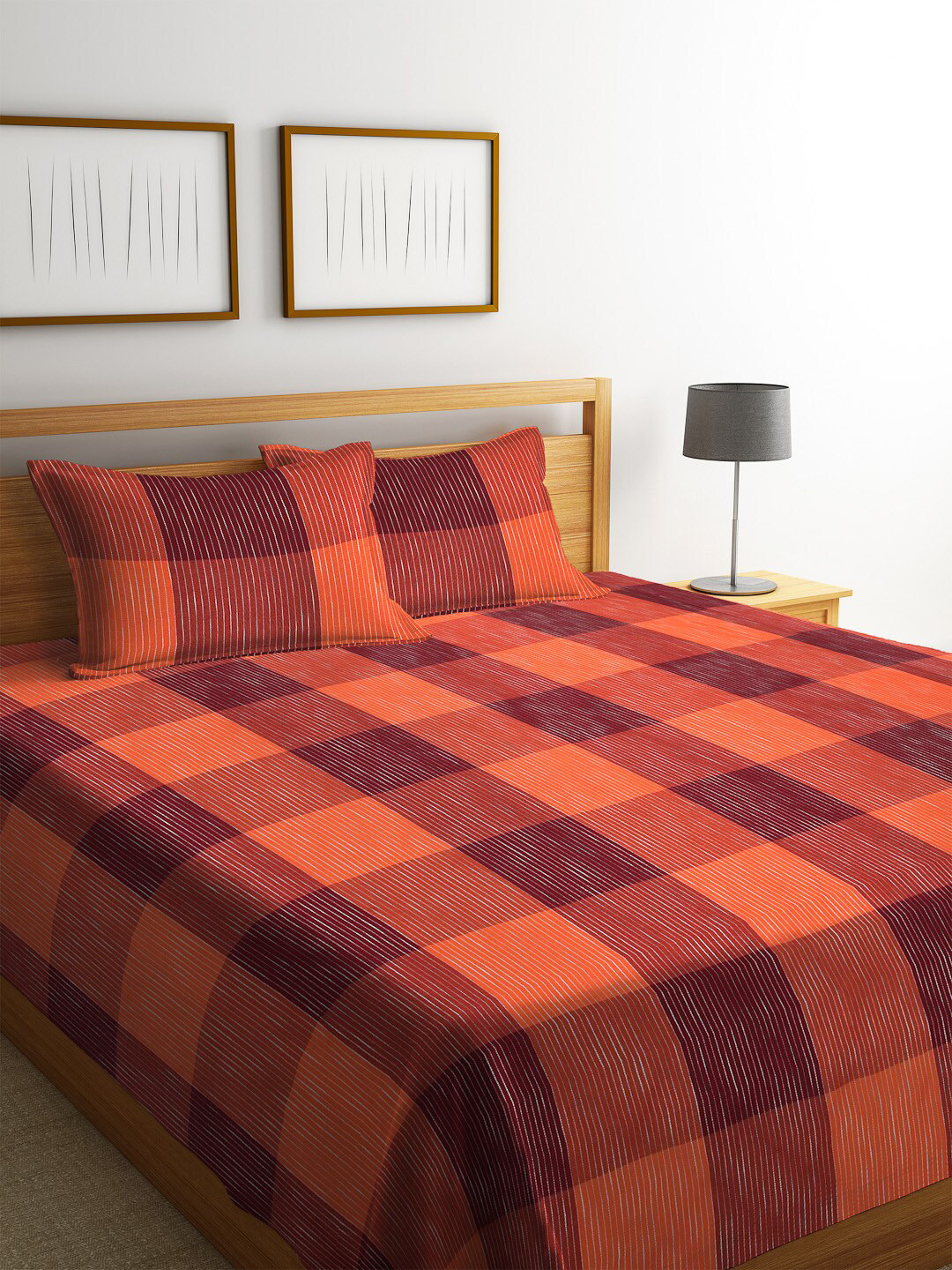 Arrabi Red & Orange Checked Double Bed Cover With 2 Pillow Covers